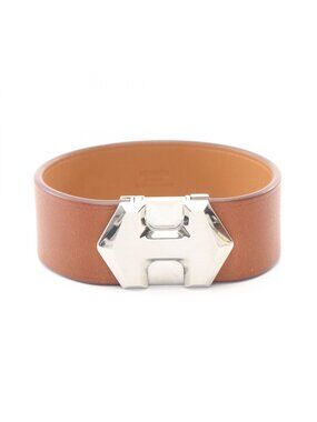 Hermes Bangle Super Brown Silver Stainless Steel Leather Bracelet